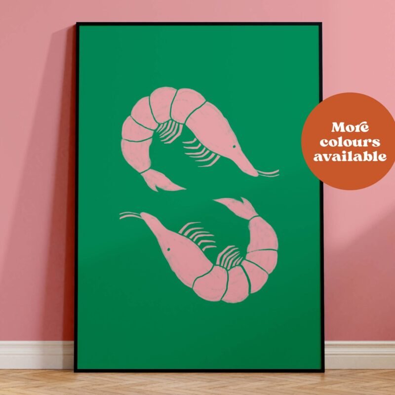 Prawns Linocut Style Print: Pink and Blue, A5