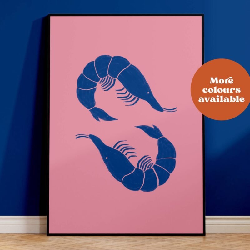Prawns Linocut Style Print: Pink and Blue, A3