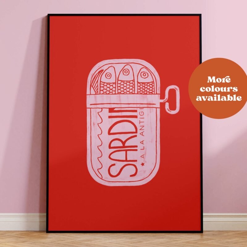 Sardines Linocut Style Print: Red and Pink, A3