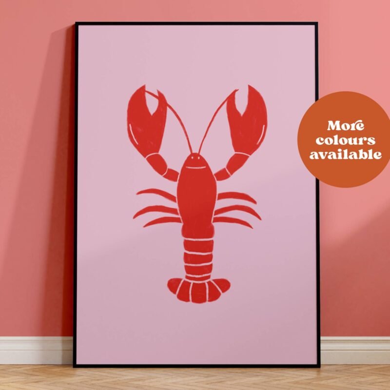 Lobster Linocut Style Print: Pink Background with Red Lobster, A5