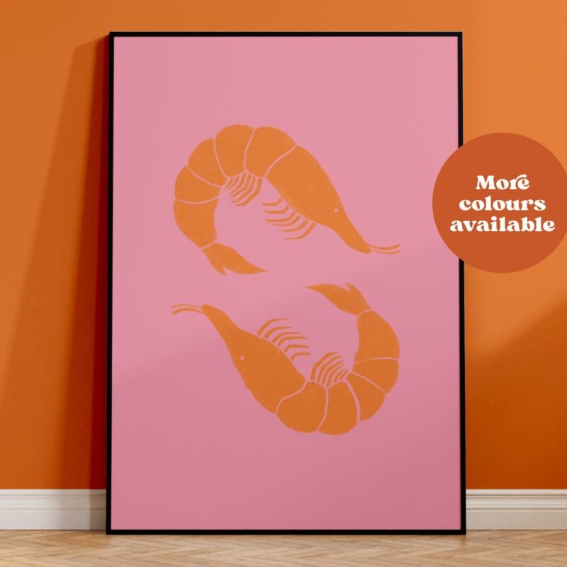 Prawns Linocut Style Print: Pink and Orange, A3