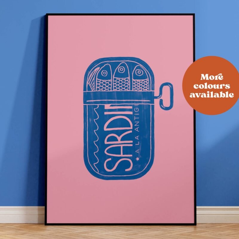 Sardines Linocut Style Print: Cream and Blue, A4