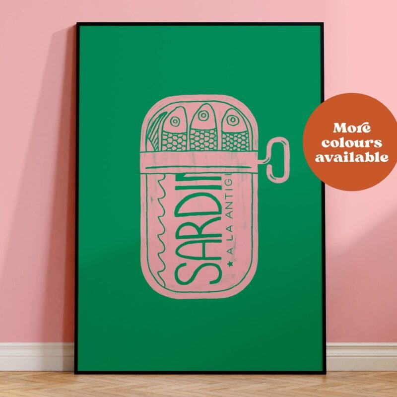Sardines Linocut Style Print: Green and Pink, A5
